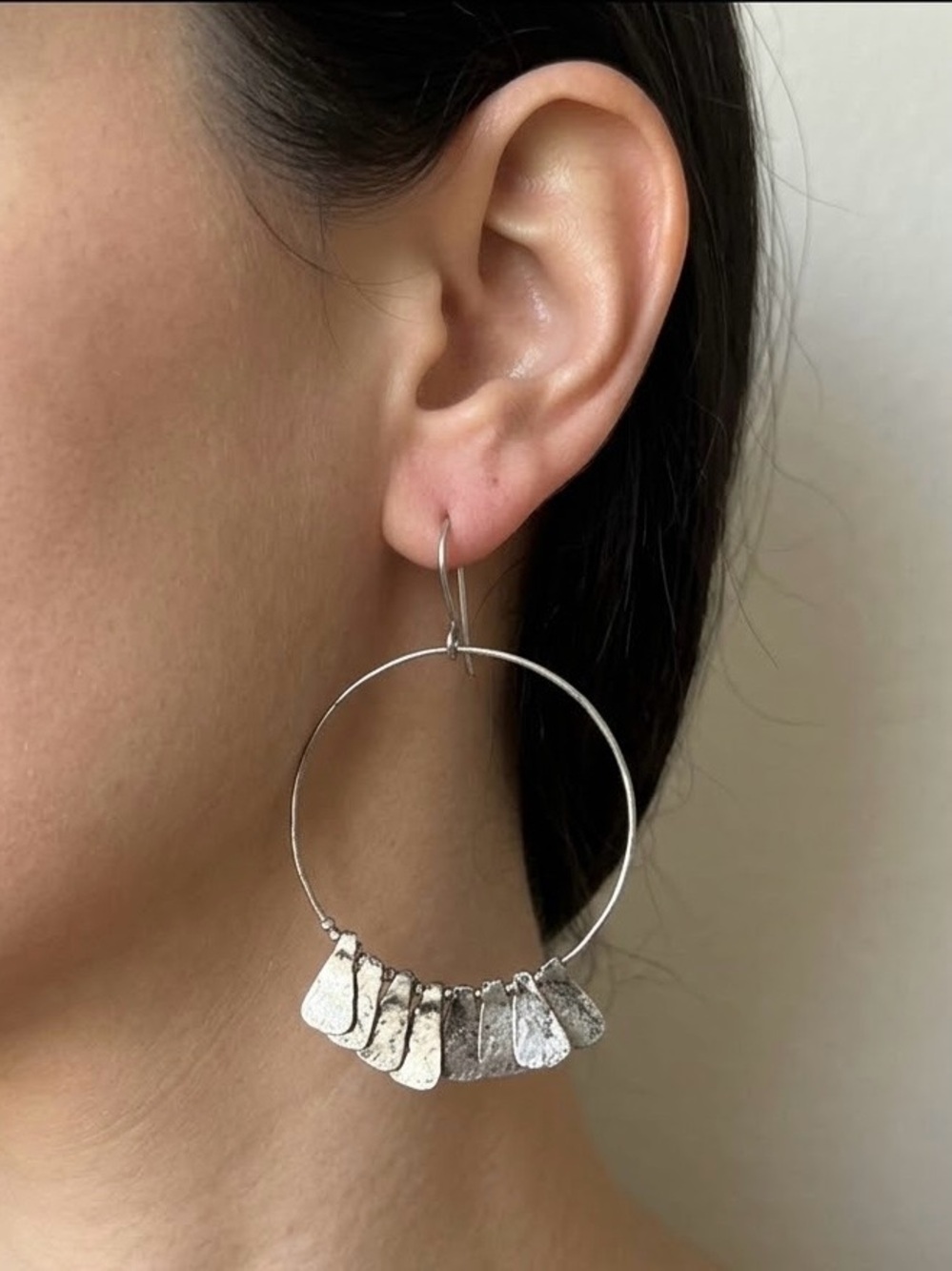 Hammered Metal Hoop Earrings with Dangles - Tribal Boho Silver Drop Earrings